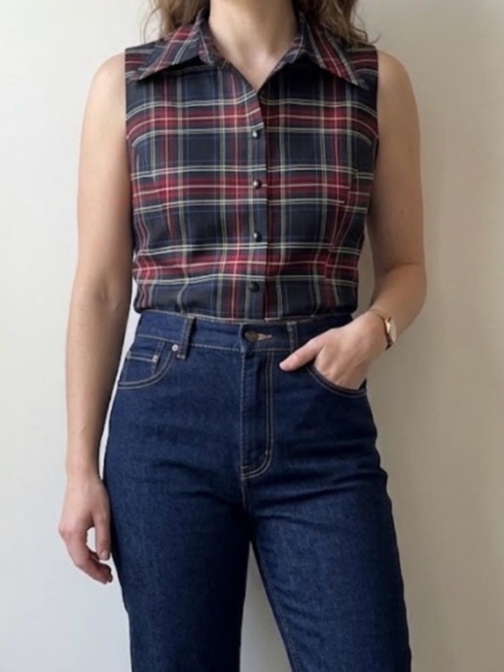 Halston Silk Sleeveless Plaid Button-Up Top in Navy and Red